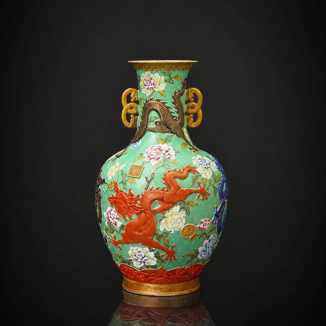 清乾隆軋道綠釉粉彩描金浮雕穿花龍紋雙耳瓶| 藏品詳情