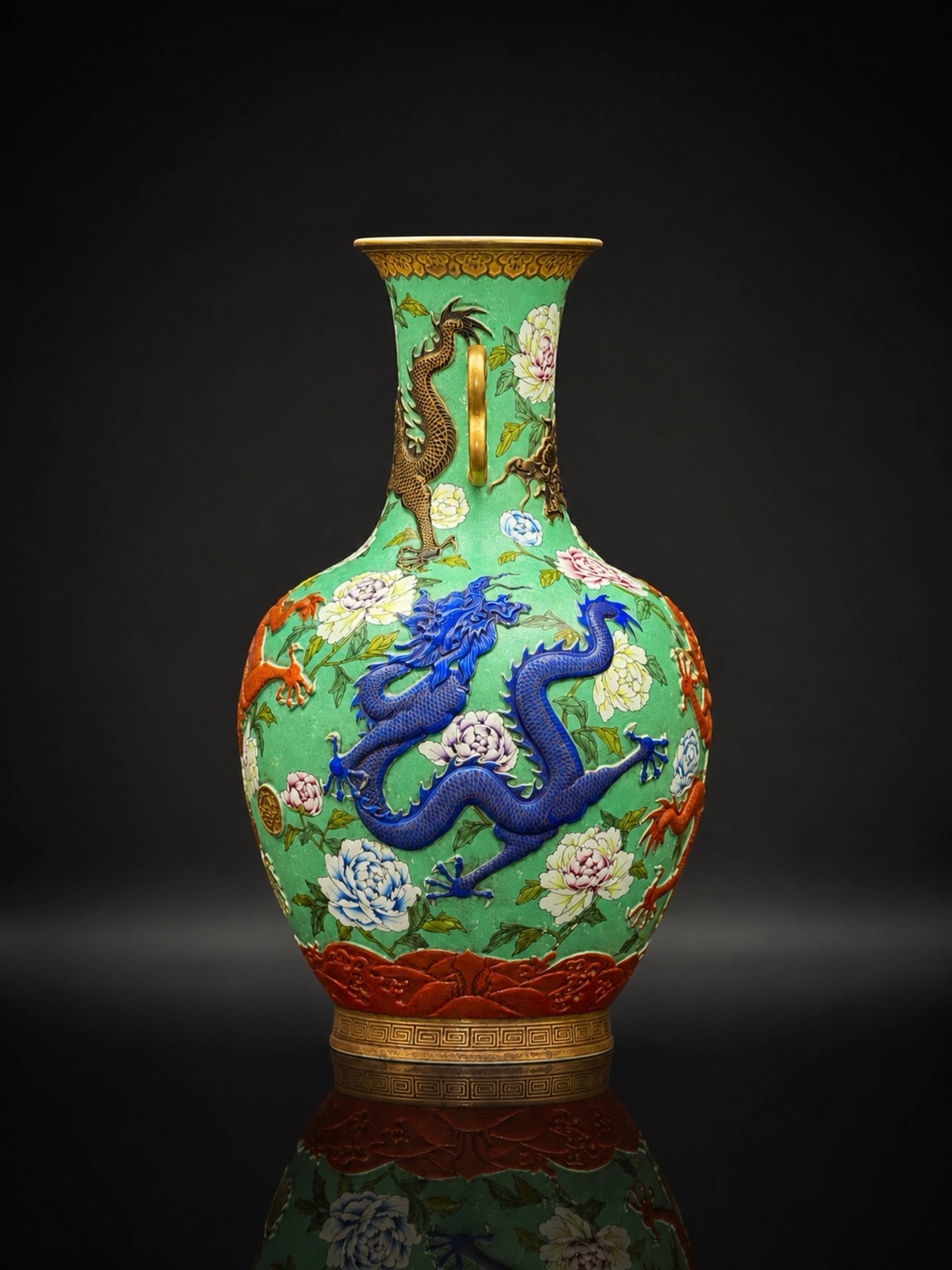 清乾隆軋道綠釉粉彩描金浮雕穿花龍紋雙耳瓶| 藏品詳情