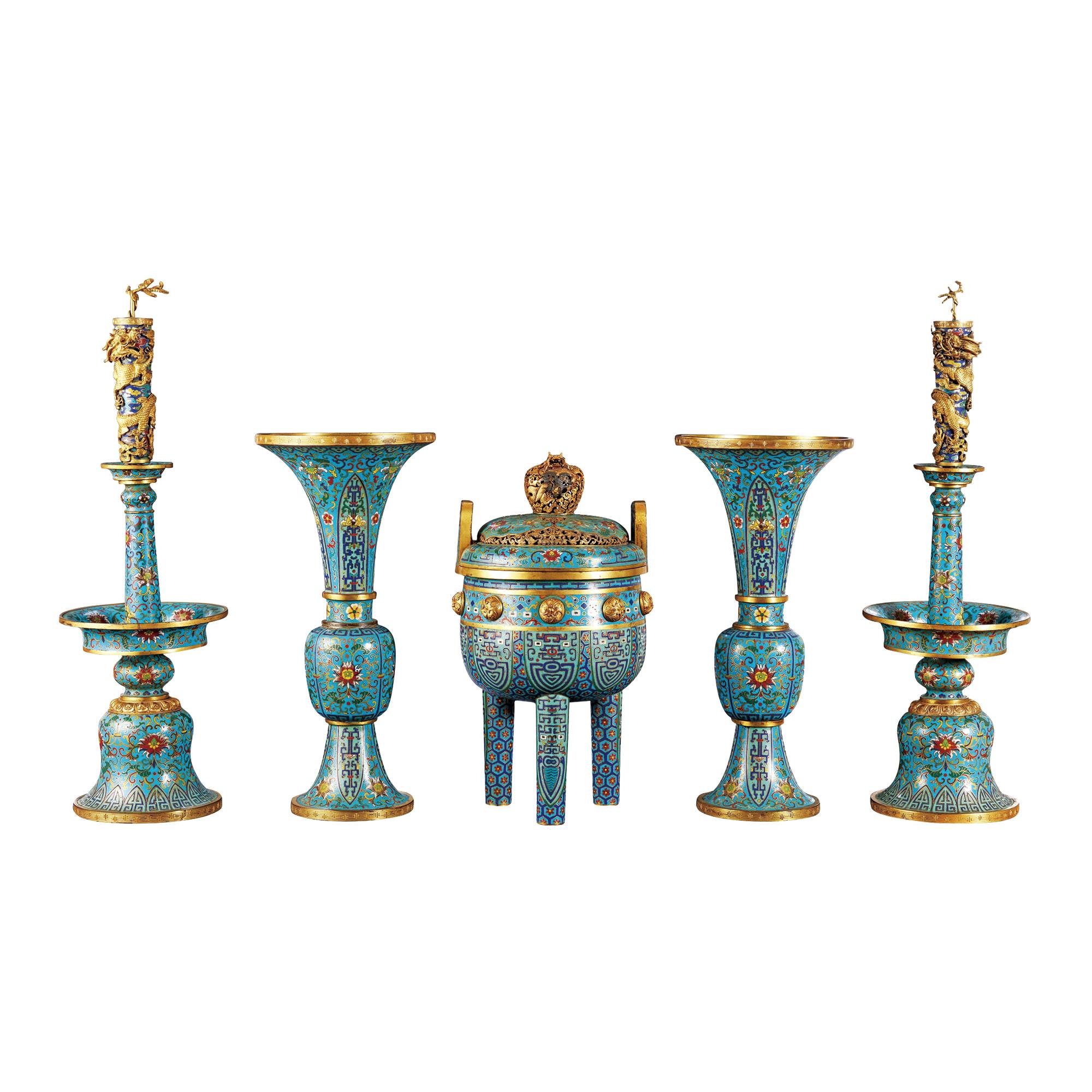 銅胎掐絲琺瑯纏枝蓮紋五供